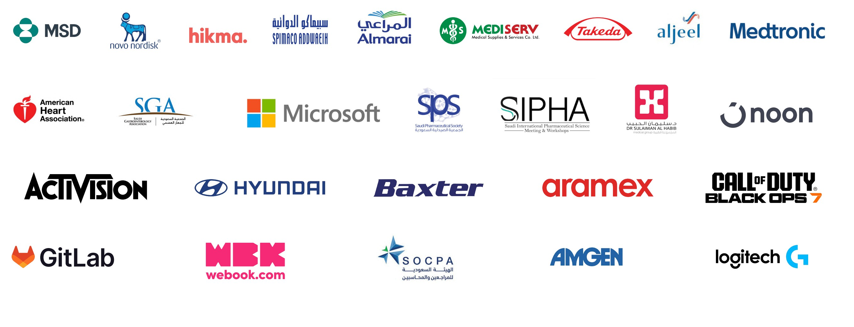 Premium Crews clients — MSD, Novo Nordisk, Hikma, SPIMACO, Almarai, Mediserv, Takeda, Aljeel, Medtronic, American Heart Association, SGA, Microsoft, SPS, SIPHA, Dr. Sulaiman Al Habib, noon, Activision, Hyundai, Baxter, Aramex, Call of Duty Black Ops 7, GitLab, Webook, SOCPA, Amgen, Logitech